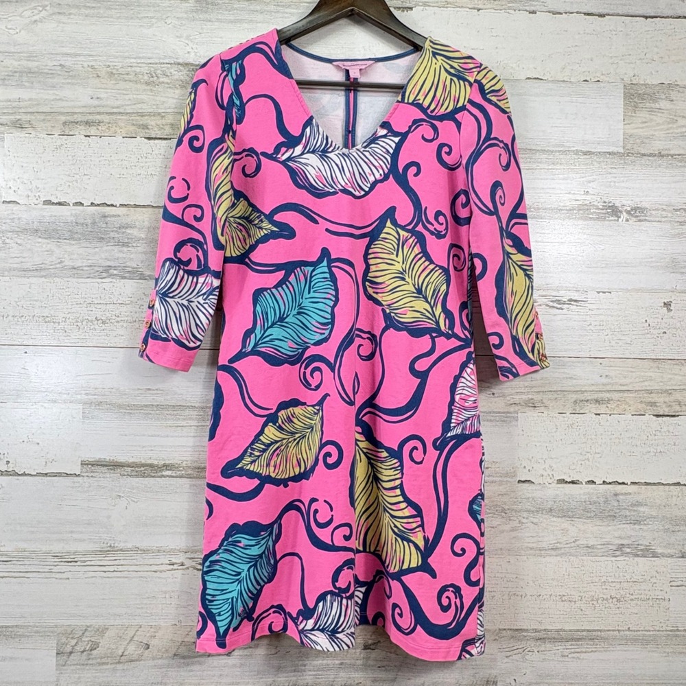 Lilly Pulitzer Tunic Dress Women S Pink Leaf V-Neck 3/4 Sleeve Preppy Resort